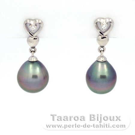 Rhodiated Sterling Silver Earrings and 2 Tahitian Pearls Semi-Baroque B 8.6 and 8.8 mm