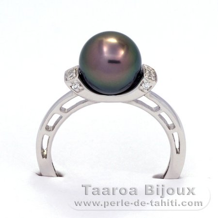 Rhodiated Sterling Silver Ring and 1 Tahitian Pearl Round B 8.5 mm