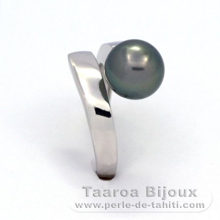 Rhodiated Sterling Silver Ring and 1 Tahitian Pearl Round C 9.5 mm