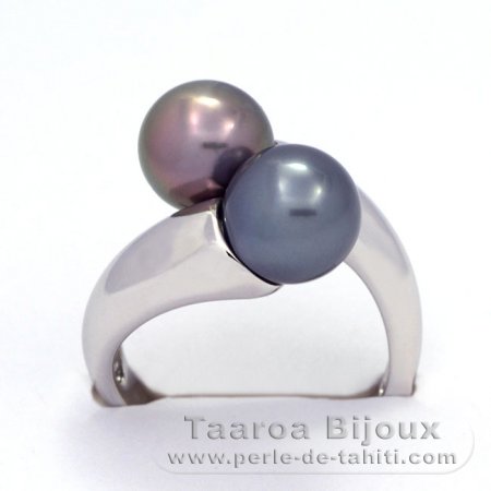 Rhodiated Sterling Silver Ring and 2 Tahitian Pearls Round C+ 8.5 and 8.6 mm