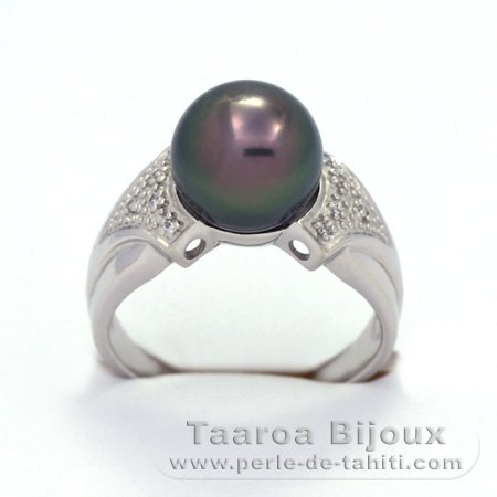 Rhodiated Sterling Silver Ring and 1 Tahitian Pearl Round C 9.6 mm