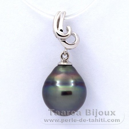 Rhodiated Sterling Silver Pendant and 1 Tahitian Pearl Ringed B 10.7 mm