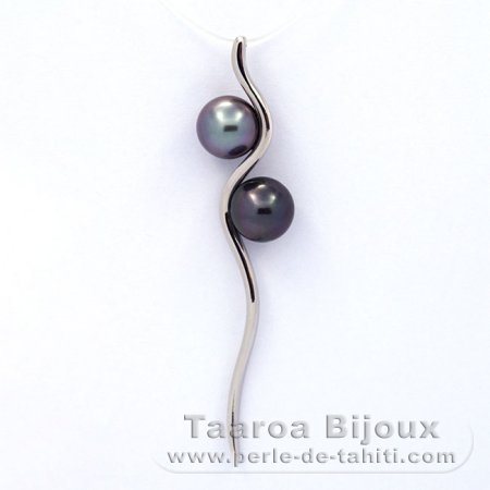 Rhodiated Sterling Silver Pendant and 2 Tahitian Pearls Round C 8 and 8.3 mm