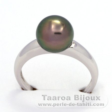 Rhodiated Sterling Silver Ring and 1 Tahitian Pearl Round C 9.1 mm