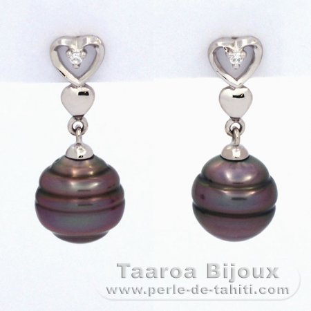 Rhodiated Sterling Silver Earrings and 2 Tahitian Pearls Ringed C 8.6 mm