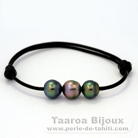 Leather Bracelet and 3 Tahitian Pearls Semi-Baroque B+  8.7 to 8.9 mm