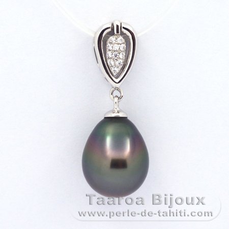 Rhodiated Sterling Silver Pendant and 1 Tahitian Pearl Semi-Baroque B 9.4 mm