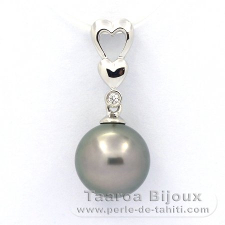 Rhodiated Sterling Silver Pendant and 1 Tahitian Pearl Round C 10 mm