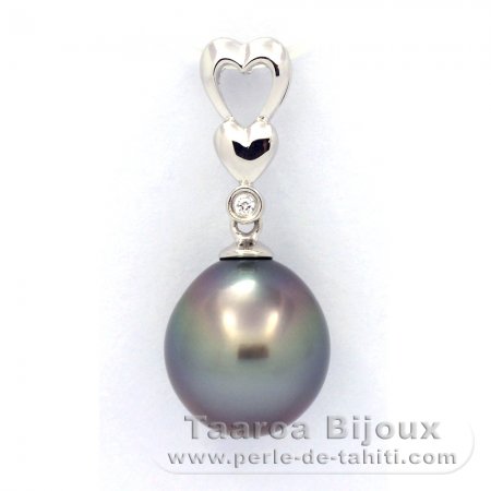 Rhodiated Sterling Silver Pendant and 1 Tahitian Pearl Semi-Baroque C 10.5 mm