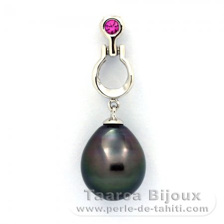 Rhodiated Sterling Silver Pendant and 1 Tahitian Pearl Semi-Baroque C 10.8 mm