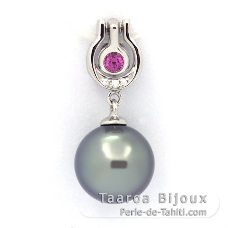 Rhodiated Sterling Silver Pendant and 1 Tahitian Pearl Round C 10.2 mm