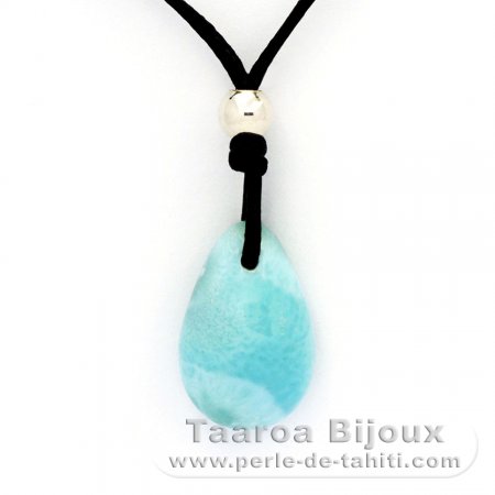 Cotton Necklace, Rhodiated Sterling Silver and 1 Larimar - 18 x 12 x 6.8 mm - 2.4 gr