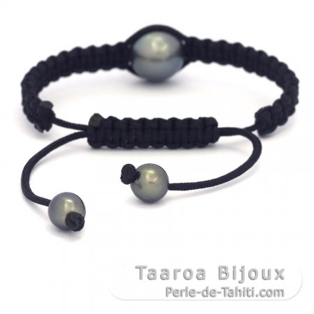Nylon Bracelet and 1 Tahitian Pearl Round D 13.5 mm + 2 Near-Round 7.5 and 8 mm