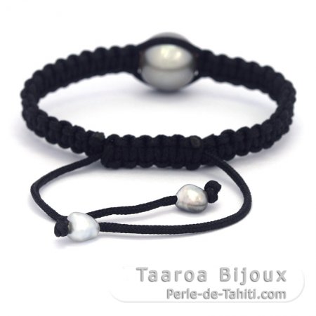 Nylon Bracelet and 1 Tahitian Pearl Semi-Baroque C 13.4 mm + 2 Keishis