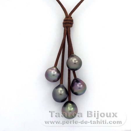 Leather Necklace and 5 Tahitian Pearls Semi-Baroque B/C  10 to 10.3 mm