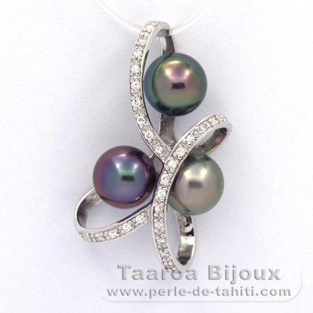Rhodiated Sterling Silver Pendant and 3 Tahitian Pearls Round C+  8.7 to 8.8 mm