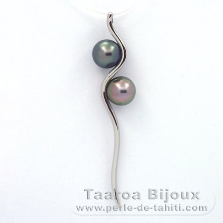 Rhodiated Sterling Silver Pendant and 2 Tahitian Pearls Round C 8.1 mm
