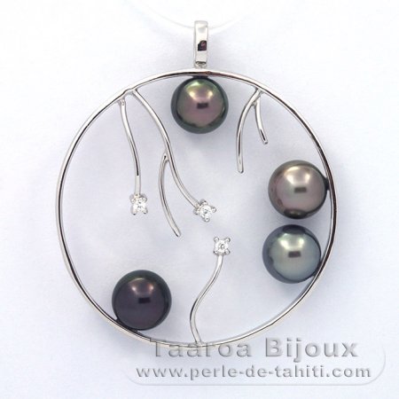 Rhodiated Sterling Silver Pendant and 4 Tahitian Pearls Round C  8.1 to 8.4 mm
