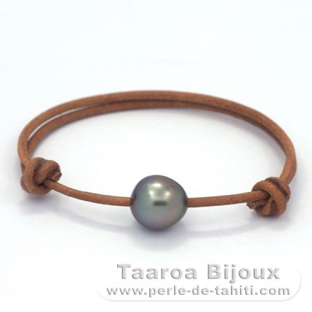 Leather Bracelet and 1 Tahitian Pearl Semi-Baroque C 11.2 mm