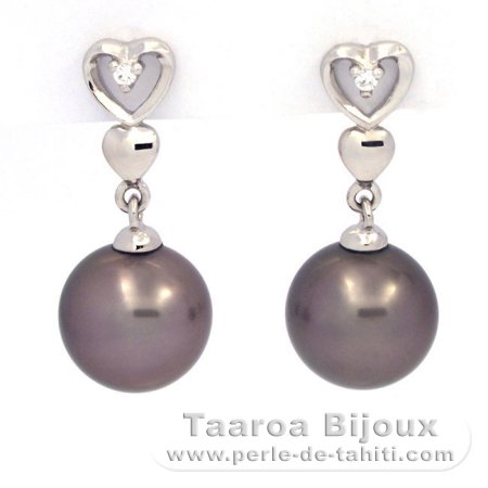 Rhodiated Sterling Silver Earrings and 2 Tahitian Pearls Round C 8.9 and 9 mm