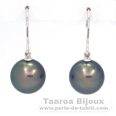 18K Solid White Gold Earrings and 2 Tahitian Pearls Round C+ 11.4 mm
