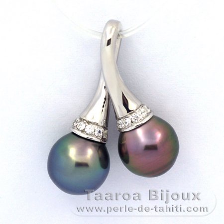 Rhodiated Sterling Silver Pendant and 2 Tahitian Pearls Semi-Baroque B+ 9.1 and 9.3 mm