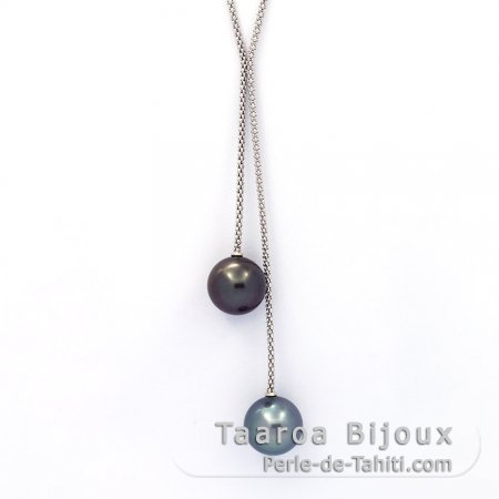 Rhodiated Sterling Silver Necklace and 2 Tahitian Pearls Round B/C 13.1 and 13.3 mm