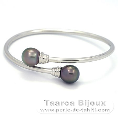 Rhodiated Sterling Silver Bracelet and 2 Tahitian Pearls Semi-Baroque B 10.3 mm