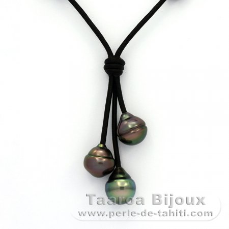 Leather Necklace and 3 Tahitian Pearls Ringed B 10.1 to 10.3 mm