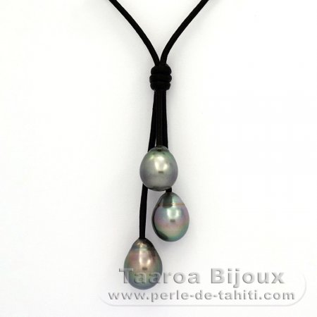Leather Necklace and 3 Tahitian Pearls Semi-Baroque B  9.6 to 9.9 mm
