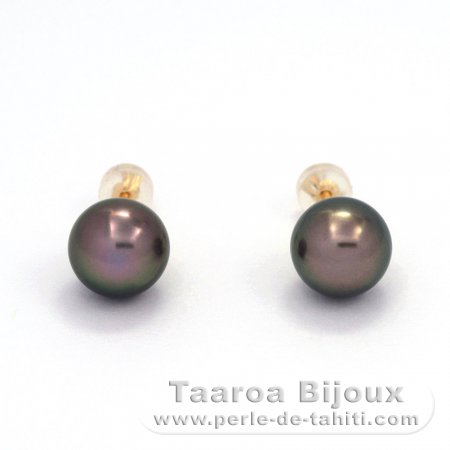 18K solid Gold Earrings and 2 Tahitian Pearls Round 1 B & 1 C 9.7 mm