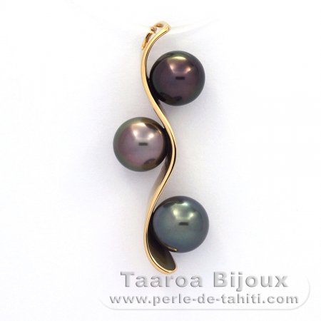 18K solid Gold Pendant and 3 Tahitian Pearls Round A 8.1 to 8.3 mm