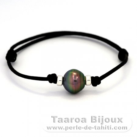 Waxed Cotton Bracelet and 1 Tahitian Pearl Ringed B+ 11.4 mm