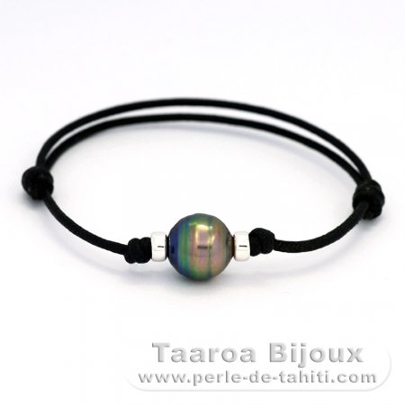 Waxed Cotton Bracelet and 1 Tahitian Pearl Ringed C+ 11 mm