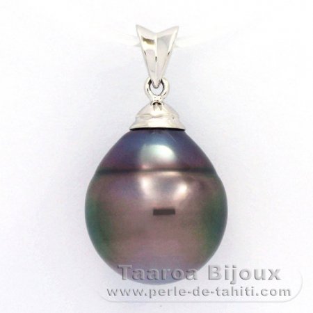 Rhodiated Sterling Silver Pendant and 1 Tahitian Pearl Ringed C 13.8 mm