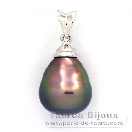 Rhodiated Sterling Silver Pendant and 1 Tahitian Pearl Ringed B 11.6 mm