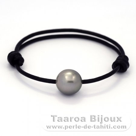 Leather Bracelet and 1 Tahitian Pearl Near-Round C 12.4 mm