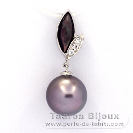 Rhodiated Sterling Silver Pendant and 1 Tahitian Pearl Round C 10.5 mm