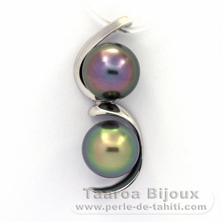 Rhodiated Sterling Silver Pendant and 2 Tahitian Pearls Semi-Baroque B+ 9.8 mm