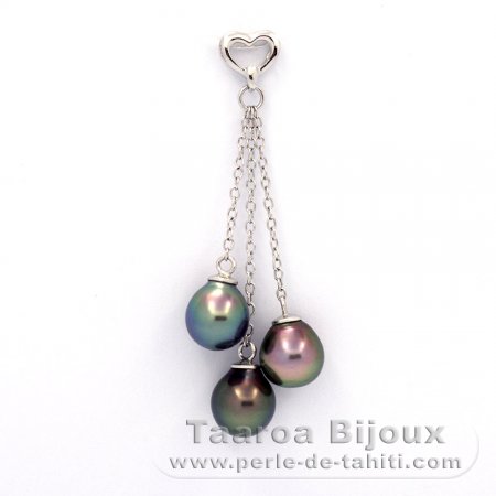 Rhodiated Sterling Silver Pendant and 3 Tahitian Pearls Semi-Baroque A/B  8.4 to 8.6 mm