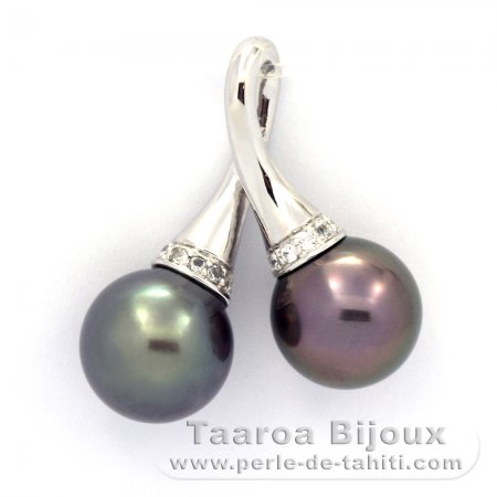 Rhodiated Sterling Silver Pendant and 2 Tahitian Pearls Near-Round C 10.5 mm