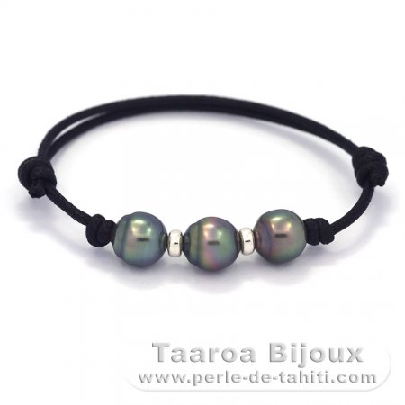 Waxed Cotton Bracelet and 3 Tahitian Pearls Semi-Baroque B  8.6 to 8.7 mm