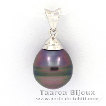 Rhodiated Sterling Silver Pendant and 1 Tahitian Pearl Ringed C 9.9 mm
