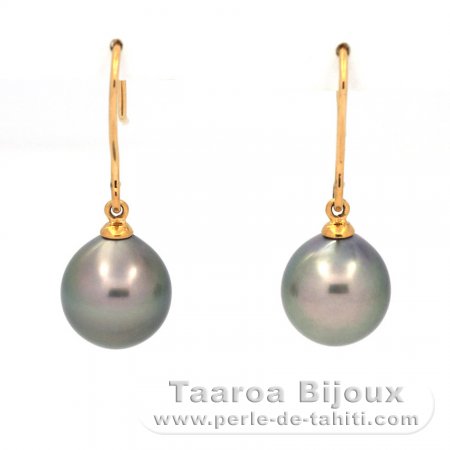 18K solid Gold Earrings and 2 Tahitian Pearls Semi-Baroque A/B 9.7 mm