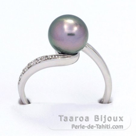 Rhodiated Sterling Silver Ring and 1 Tahitian Pearl Round C 8.3 mm