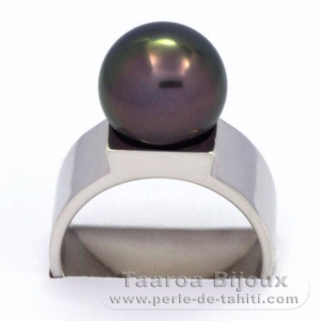Rhodiated Sterling Silver Ring and 1 Tahitian Pearl Round B 10.8 mm