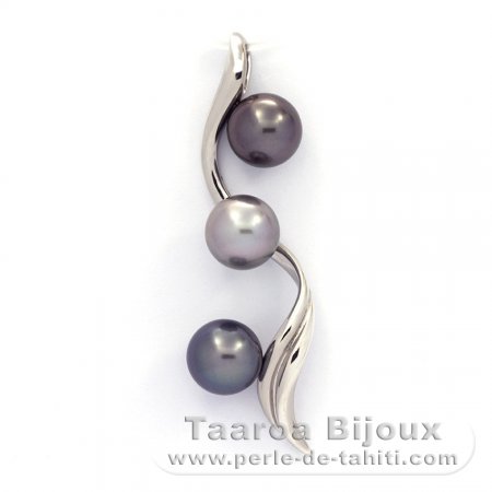 Rhodiated Sterling Silver Pendant and 3 Tahitian Pearls Round C  9.2 to 9.3 mm