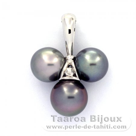 Rhodiated Sterling Silver Pendant and 3 Tahitian Pearls Near-Round C 9 to 9.6 mm