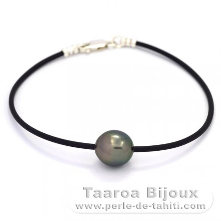 Rubber, Sterling Silver Bracelet and 1 Tahitian Pearl Semi-Baroque C 10.8 mm
