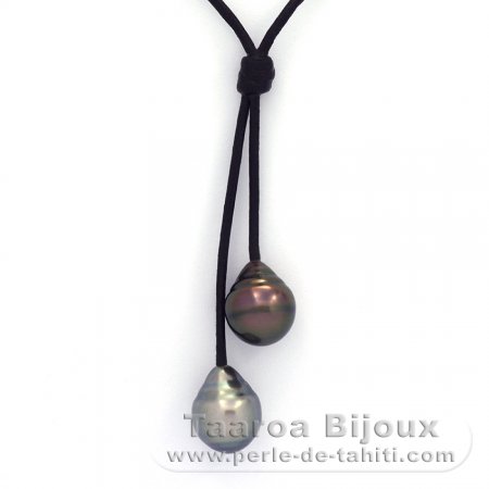 Leather Necklace and 2 Tahitian Pearls Ringed C 10.5 and 10.7 mm